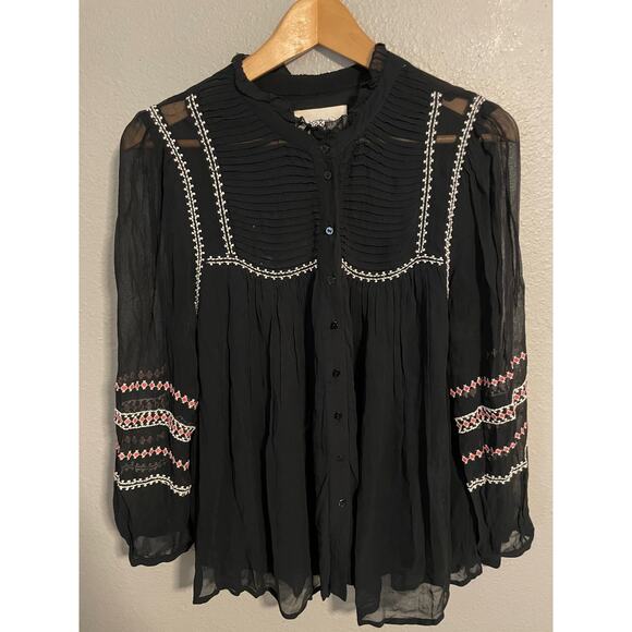 ba&sh Tops - ba&sh Top Womens Small Black Sheer Embroidered Boho Peasant Top Long Sleeve